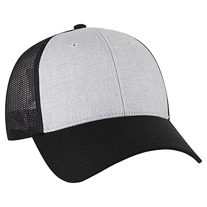 Ashen Fane 6 Panel Blend Twill Structured Low Profile Mesh Back Snapback Trucker Hat - color: Blk/H.gry/Blk