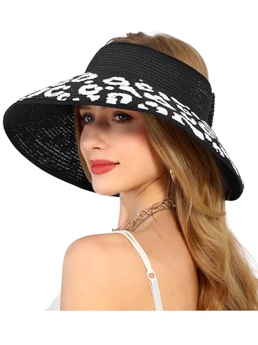 sy soul young Women's Straw Hat with Ponytail Hole Wide Brim Visor Sunhat - color: Black With Leopard 2