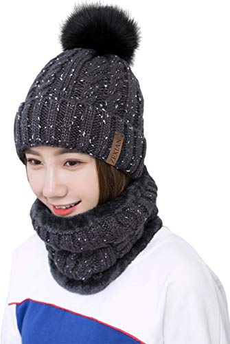 Womens Girls Winter Warm Pom Knit Ski Beanie Hat and Scarf Set - color: Grey