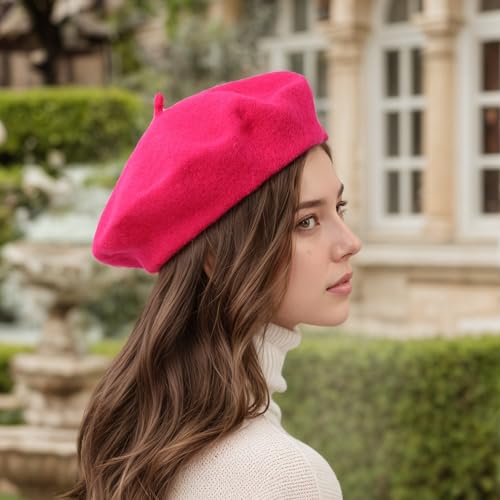 Women's Wool Beret: 70% Wool French Hat for Daily, Lightweight & Chic Berets for Women - color: Rose Red