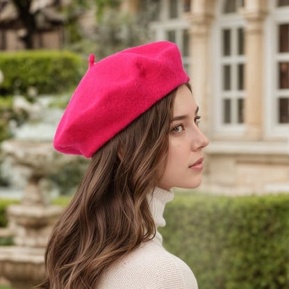 Women's Wool Beret: 70% Wool French Hat for Daily, Lightweight & Chic Berets for Women - color: Rose Red