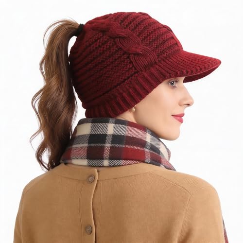 Women's BeanieTail Warm Knit Hat Messy High Bun Ponytail Visor Beanie Cap - color: B340-burgundy, size: Medium