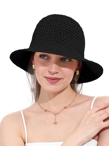 sy soul young Women's Straw Sunhat Wide Brim Hand Woven Beach Bucket Hat - color: Black