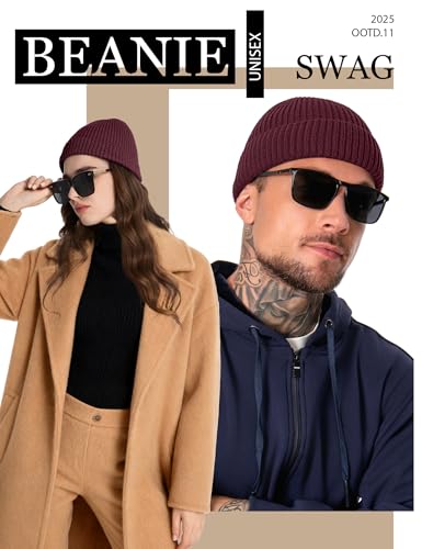 Fleece Lined Wool Short Fisherman Beanie Men Women Cuff Winter Hat - color: 1pc-winered