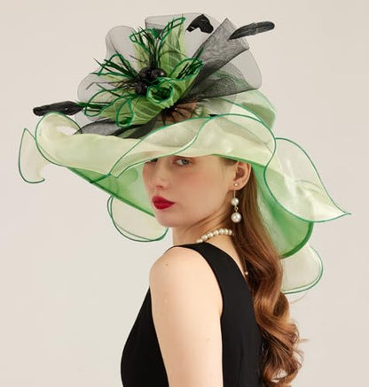 Women Derby Church Hat Organza Flower Wedding Tea Party Fascinator Wide Brim Sun Hat - color: 10-light Green
