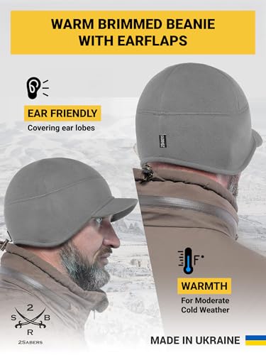 2SBR 2SABERS Fleece Winter Beanie with Visor - Men Women - Earflap Brim Skull Watch Cap Hat - color: Grey, size: Small