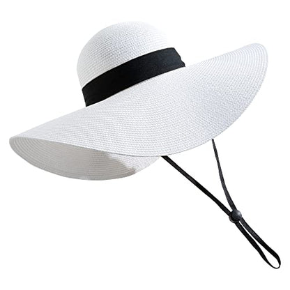 Lanzom Womens Wide Brim Straw Hat Big Floppy Foldable Roll up Cap Beach Sun Hat UPF 50+ - color: Bowknot-white