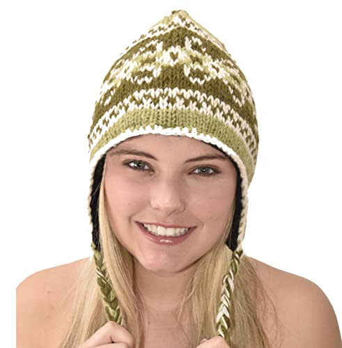 Hand Knitted 100% Merino Wool Ear Flap Snowboard Ski Chullo Peruvian Style Nepal Himalayan Sherpa Earflap Fleece Lined Winter Beanie Hat Green