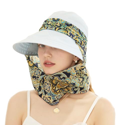 Women Wide Brim Sun Hat Multifunctional Beach Hat Foldable Sun Visor with Removable Neck Flap Bowknot - color: Light Blue
