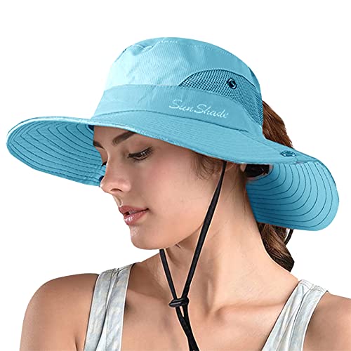 ZOORON Women's Ponytail Safari Sun Hat,Wide Brim UV Protection Bucket Hat - color: 1-pure Blue