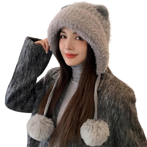 HUAMULAN Women Winter Sherpa Knit Beanie Hats with Pom Poms Ear Flaps - color: Xz3057-gray