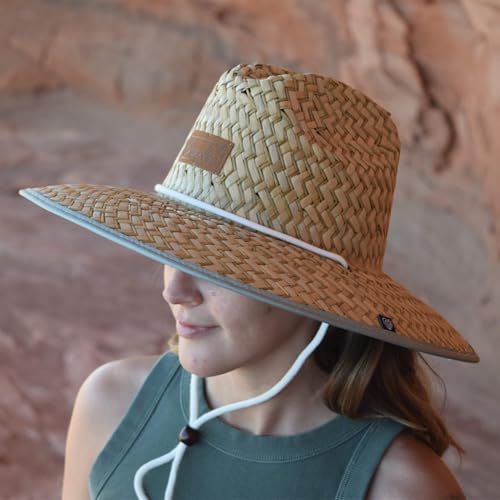 Women's Wide Brim Straw Sun Hat for Beach, Lifeguard Style, Hand-Woven Rush & Mat, Adjustable Chin Drawstring - color: The Sage