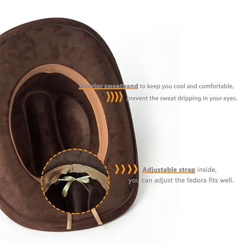 Western Cowboy Hat for Women Men Retro Suede Hat - color: Coffee-small Flower Belt