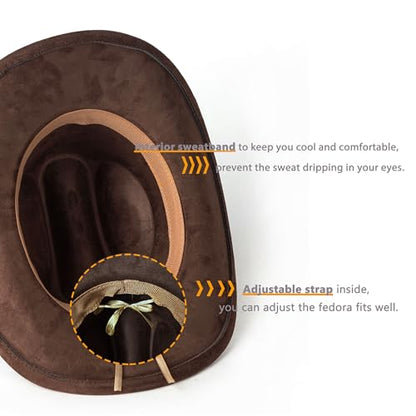 Western Cowboy Hat for Women Men Retro Suede Hat - color: Coffee-small Flower Belt