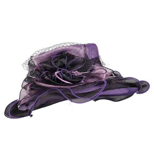 Kentucky Organza Derby Top Hats for Women Sun Visor Cap Ladies Flowers Bride Weeding Fascinators Wide Brim Fedoras - color: Purple 5