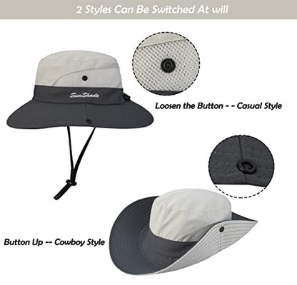 Women's Outdoor-UV-Protection-Foldable-Sun-Hats-Wide-Brim Hat Ponytail-Hole - color: Beige/Grey