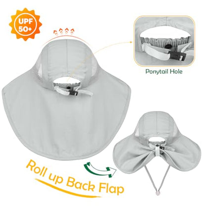 Kids Sun Hat UPF50+ Summer Beach Play Sun Protection Hats with Neck Flap for Ages 5~14 Girls Boys - color: Light Grey