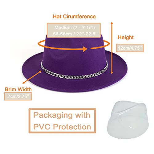 Women Men Wide Brim Fedoran Hat with Chain Belt Buckle - color: Purple