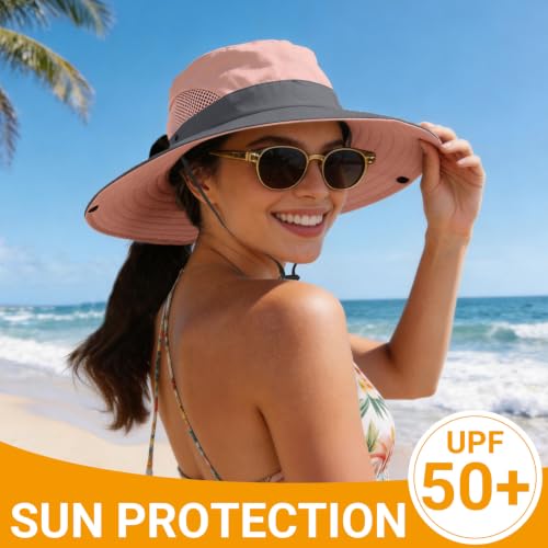 PFFY Sun Beach Hats for Women Men Wide Brim Fishing Bucket Hat - color: Pink/Grey