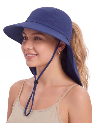 Connectyle UPF 50+ Sun Hat with Neck Flap Wide Brim Bucket Hats Breathable Fishing Hiking Gardening Safari Hat for Men Women - color: Navy Blue