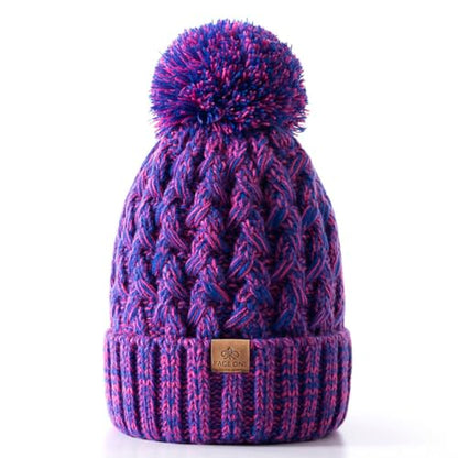 PAGE ONE Womens Winter Ribbed Beanie Crossed Cap Chunky Cable Knit Pompom Soft Warm Hat - color: Dark Rose