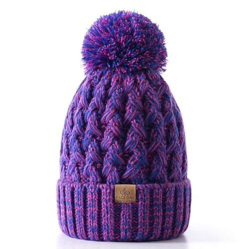 PAGE ONE Womens Winter Ribbed Beanie Crossed Cap Chunky Cable Knit Pompom Soft Warm Hat - color: Dark Rose