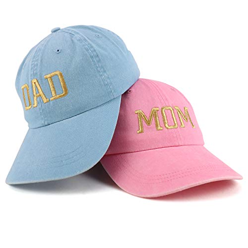 Trendy Apparel Shop Capital Gold Thread Mom and Dad Pigment Dyed 2 Pc Cap Set - color: Pink Light Blue