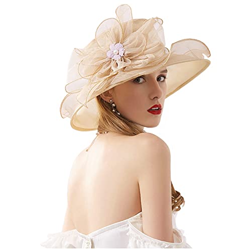 Haoohu Women's Church Derby Hat Wide Brim Bow Bucket Hat Wedding Dress Hat Fascinator Bridal Tea Party Hat - color: D-khaki