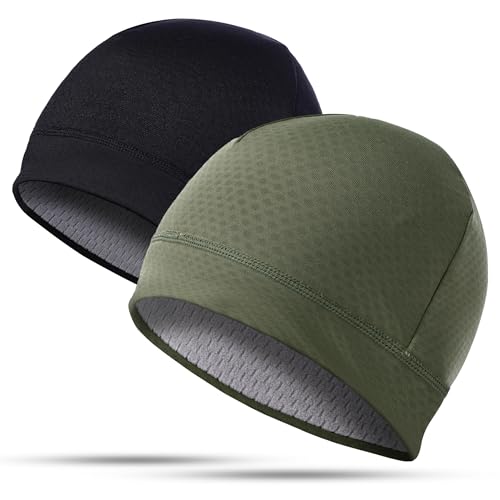 2 Pack Thermal Skull Caps for Men Women Wind-Resistant Fleece Beanie Hats Cold Weather Helmet Liners for Cycling - color: Black+green