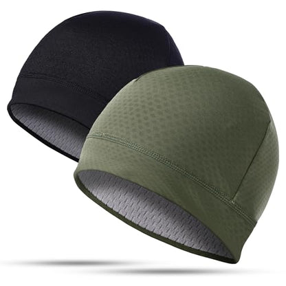 2 Pack Thermal Skull Caps for Men Women Wind-Resistant Fleece Beanie Hats Cold Weather Helmet Liners for Cycling - color: Black+green