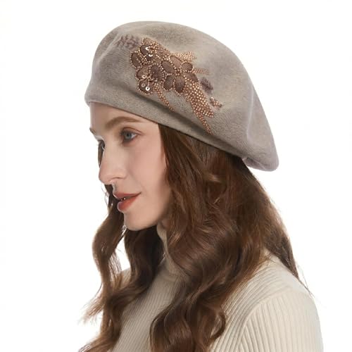 ZLYC Women French Beret Hat Reversible Knit Thickened Warm Artist Cap - color: Embroidered Flower Coffee