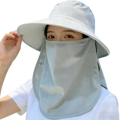 UPF 50+ 3-in-1 Sun Hat for Women, Wide Brim UV Protection Visor Hat with Detachable Neck Flap & Face Cover - color: Blue