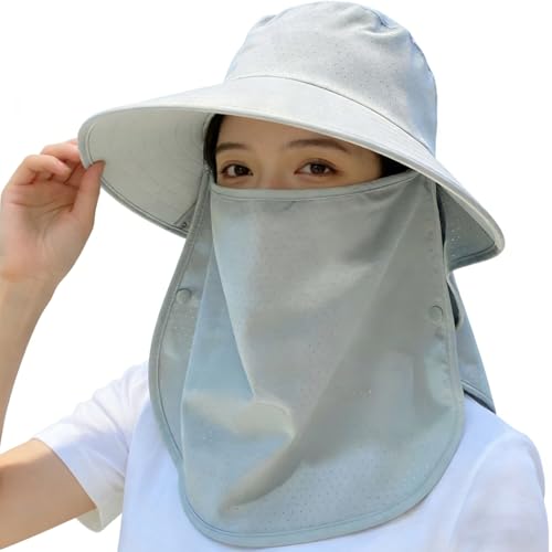 UPF 50+ 3-in-1 Sun Hat for Women, Wide Brim UV Protection Visor Hat with Detachable Neck Flap & Face Cover - color: Blue