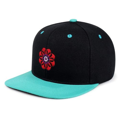 Flower Ornament Hip-Hop Snapback Hat Embroidered Baseball Cap Floral Embellishment - color: 15. Black/Aqua