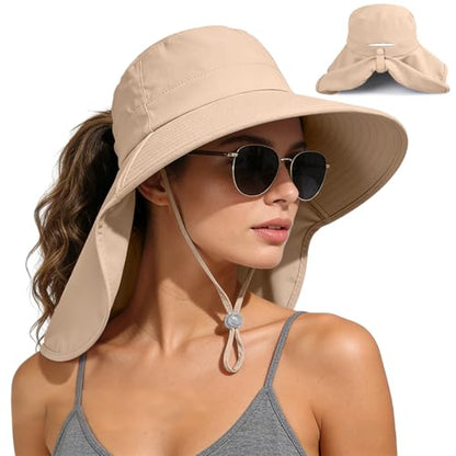 Ruqizhi Sun Hats for Women with Neck Flap Ponytail Hole Women Sun Hats Rollable UV Protection Fishing Hats Wide Brim UPF 50+ - color: Khaki