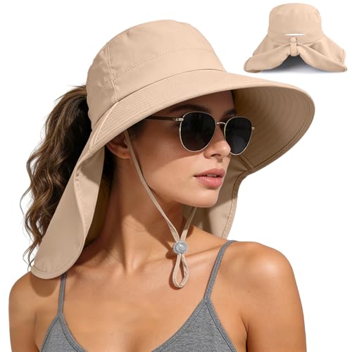 Ruqizhi Sun Hats for Women with Neck Flap Ponytail Hole Women Sun Hats Rollable UV Protection Fishing Hats Wide Brim UPF 50+ - color: Khaki