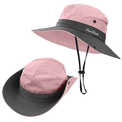 LCZTN Kids Ponytail Sun Hat Wide Brim UV Protection for Girls Beach Bucket Cap - color: Light Pink, size: Medium