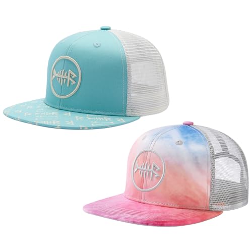 BASSDASH 2 Pack Flat Brim Trucker Cap Adjustable Snapback Hat Mesh Back for Men Women Fishing Hunting - color: Pack of 2, Turquoise & Rosy Clouds