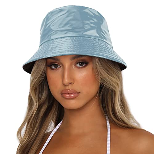 Reversible PU Leather Bucket Hats for Women Solid Color Double Wear Summer Hat Unisex - color: Skyblue