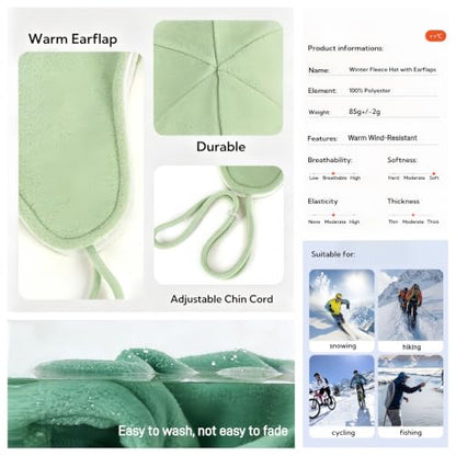 Mens Womens Warm Fleece Beanie Soft Winter Hat with Ear Flaps Windproof Ski Snow Cycling Skull Cap Helmet Liner - color: Sage Green