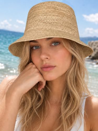 Natural Raffia Straw Bucket Hat for Women Sun Beach Handmade Raffia Woven Bucket Hat Foldable Summer Cap - color: Natural Raffia