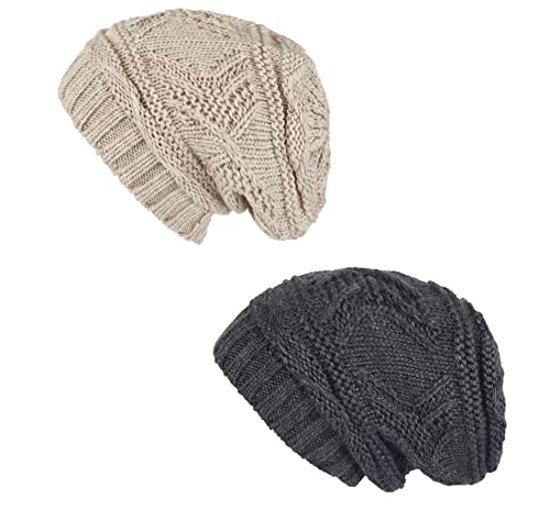 Lilax Knit Slouchy Oversized Soft Warm Winter Beanie Hat - color: Beige/Gray - 2 Pack