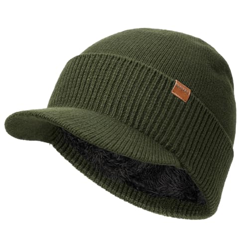 Wmcaps Men's Fleece Lined Brim Beanie, Thermal Winter Visor Hat Outdoor Cap - color: Army Green