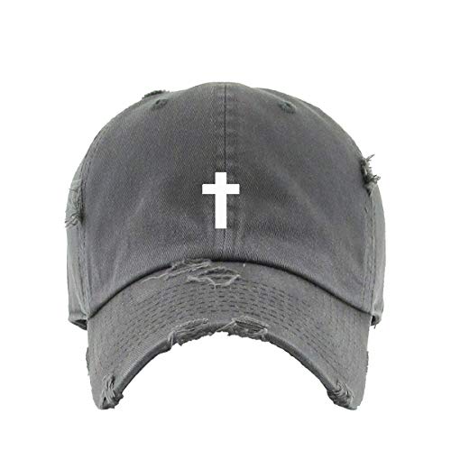 Cross Vintage Baseball Cap Embroidered Cotton Adjustable Distressed Dad Hat - color: Dark Grey