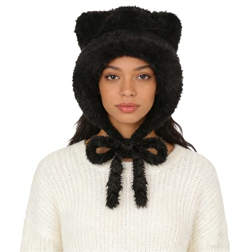 PENINSULA LOVE Winter Bear Ears Beanie Hat for Women Faux Fur Trapper Hat Sherpa Ear Flaps Peruvian Cap Fuzzy Warm Snow Cap - color: Black