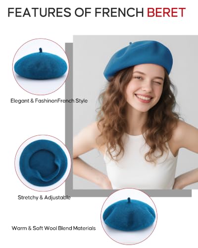 French Beret Hats for Women - Wool Solid Color Beanie Cap - color: Peacock Blue