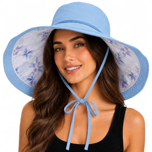 Wide Brim Sun Hats for Women UV Protection Reversible Bucket Hat Foldable Beach Hats Summer Hat for Garden Travel - color: Blue Tie-dye