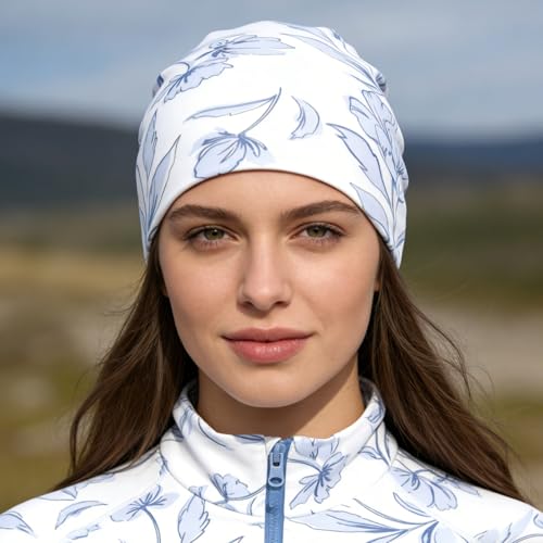 Unisex Stretch Knit Beanie Hat - color: Light Blue Flowers