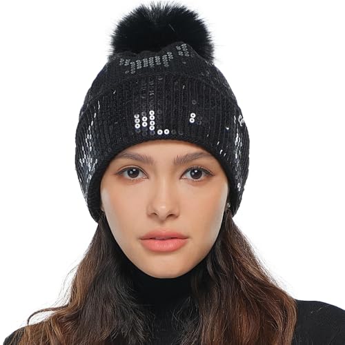 C.C Sequin Pom Beanie for Women - Acrylic Stretchable Soft Warm Knit Winter Skully Hat with Yarn Pom - color: Clear Sequin-black