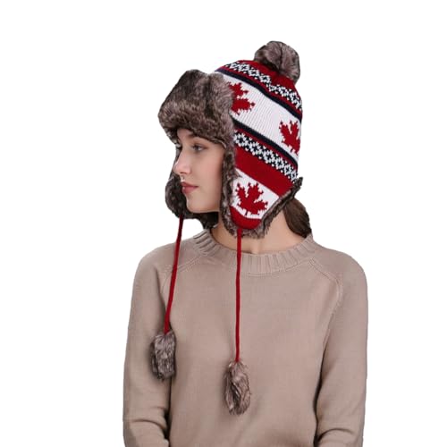Holiberty Womens Winter Knit Beanie Hat Ladies Fur Pom Poms Ears Warm Slouchy Snow Ski Cap Fleece Thermal Ushanka Trapper Hat - color: Red